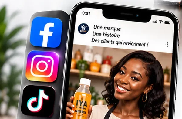 Exemple de publication professionnelle sur téléphone, avec les logos Facebook, Instagram et TikTok