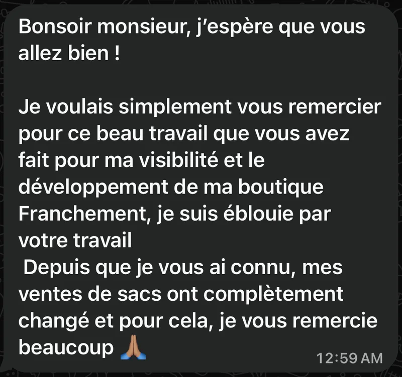 Capture recadrée du message WhatsApp de la cliente Elite Bag